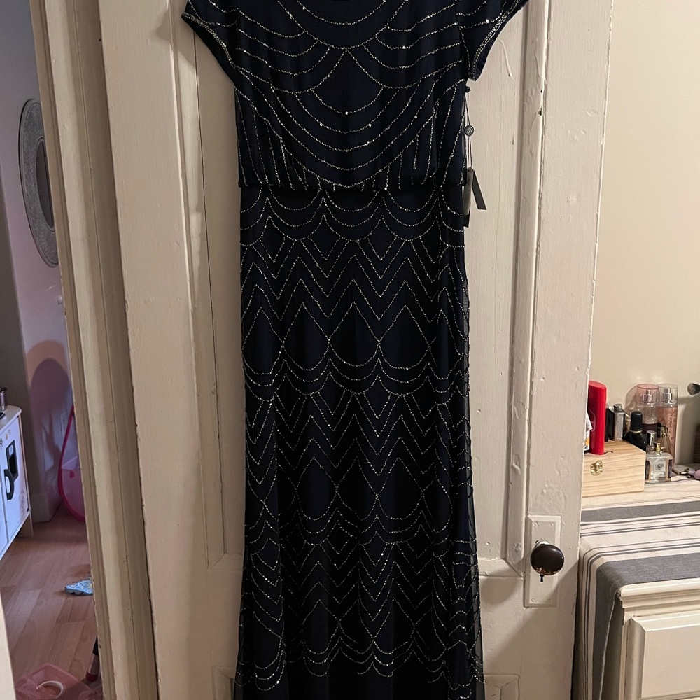 Adrianna Papell Navy Gold Beaded Gown - Picture 8 of 10